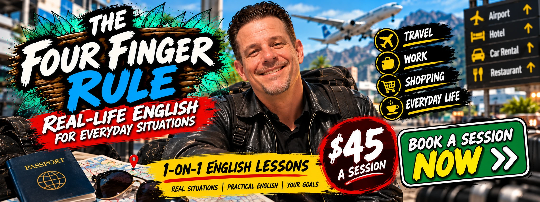 Colin’s Four Finger Rule one-on-one English lessons banner: travel, work, shopping and everyday life, $45 a session.